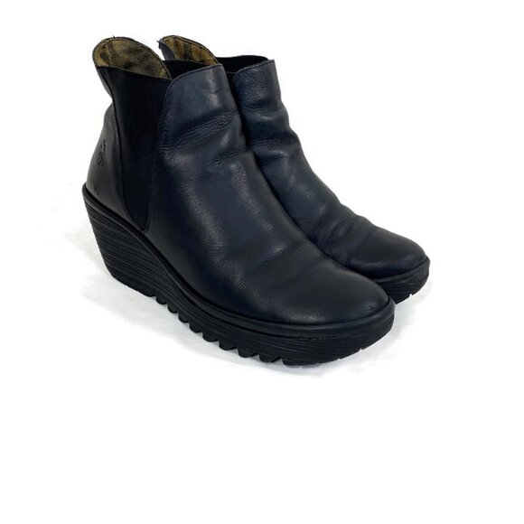 Fly London Ankle Boots Black Leather Pull on Chelsea Wedge Heel - Picture 1 of 11